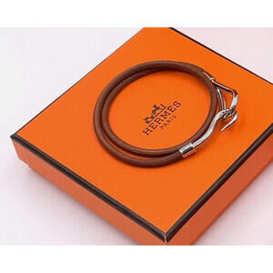HERMES Jumbo Double Wrap Leather Bracelet With Box! Silver Tone Bracelet Brown